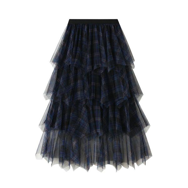 

plaid gauze skirt fashion trend girl skirt spring summer cake skirts irregular lace mesh skirt for women, Black