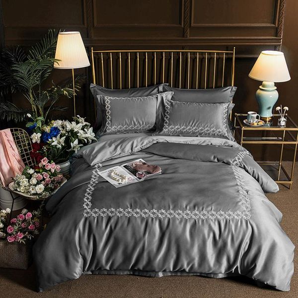 

silk flax embroidery bedding set soft bedclothes luxury duvet/quilt cover bed linen sheet set 4 pieces bedding sets