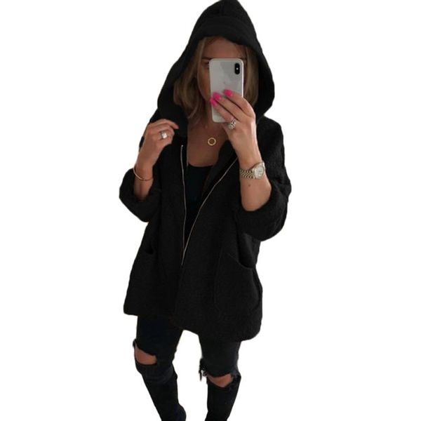 

women's jackets autumn winter women shaggy hooded jacket teddy bear coat zipper pocket cardigan ladies solid loose overcoat outwear clo, Black;brown