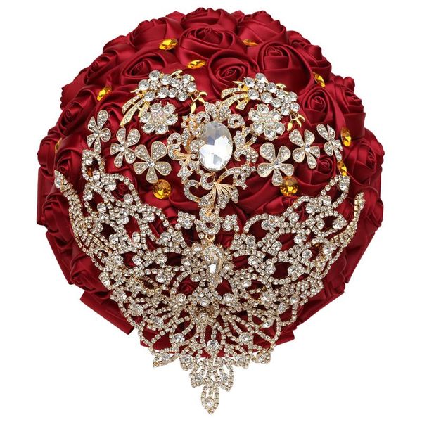 

wedding flowers bridal bouquet diamond artificial ribbon rose wine red customizable handmade supplies w630d