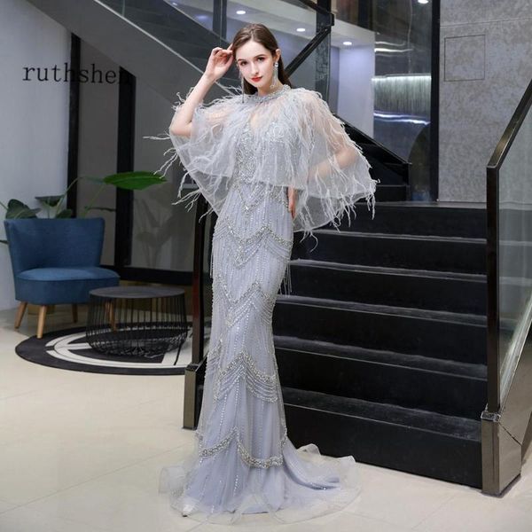 

party dresses ruthshen crystal beaded evening dress luxury prom long mermaid formal gowns with feather cape, White;black