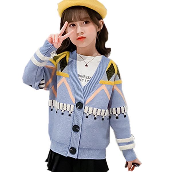 

2021 new sweaters korean vintage baby girl cardigan wool autumn casual children sweater 4 to 13 npk2, Blue