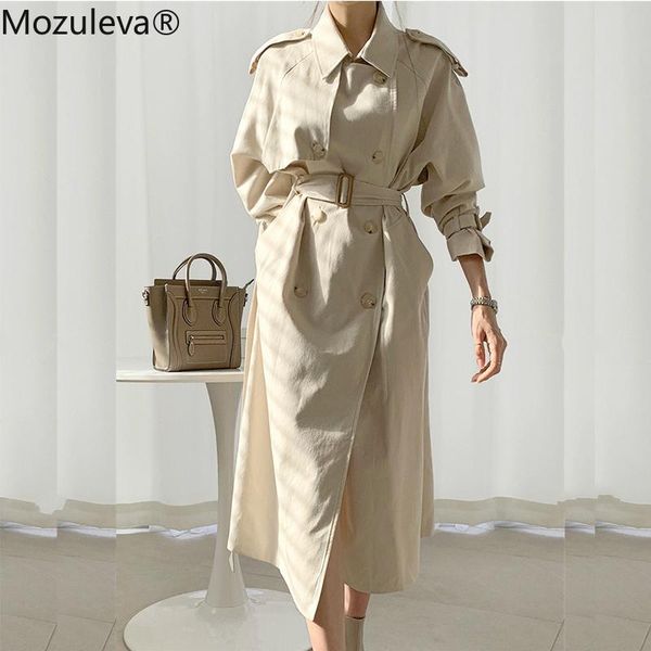 

mozuleva new 2021 autumn winter women's windbreaker elegant buttons vintage oversize lace up office long trench long coats, Tan;black