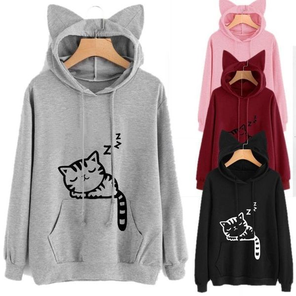

5 color womens hoodies pullover cute cat ears hooded 2021 fashion spring women clothes sweatshirt long sleeve hoodie, Black