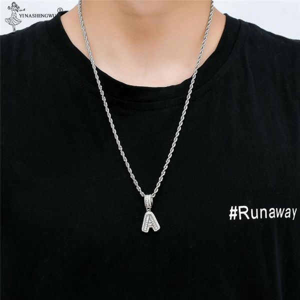 

pendant necklaces hip hop fashion men jewelry a-z initials zircon iced out necklace with cuban chain accessories, Silver