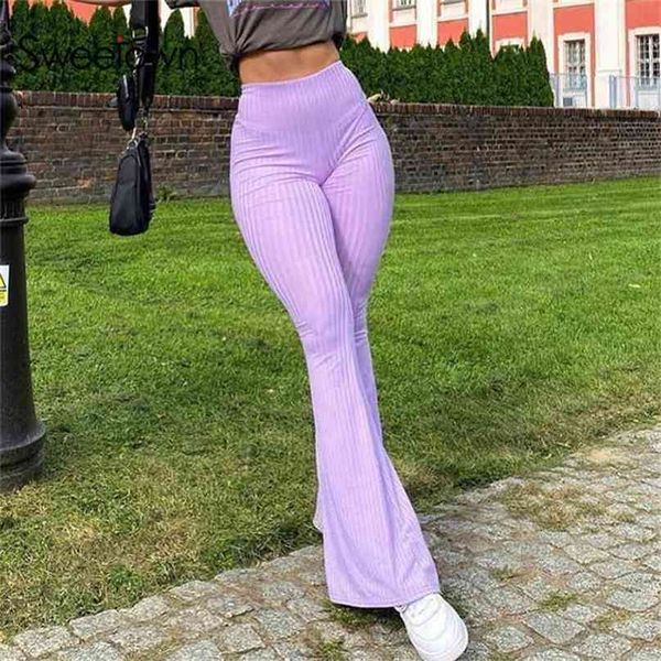 Sweetown Lila gerippte Jogger Frauen gestrickte Flare Hosen schlanke hohe Taille ästhetische Hosen weibliche Vintage 90er Jahre Jogginghose 210915