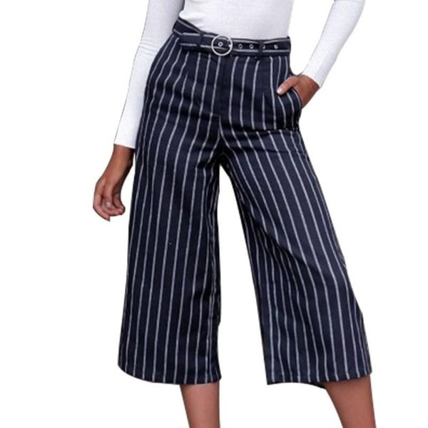 

women's pants & capris arrival women high waist pockets casual summer sashes white/blue striped wide leg loose trousers, Black;white