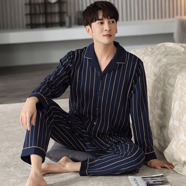 

men's sleepwear men pajamas set autumn and winter male pyjamas 100% cotton long sleeve turn-down collar leisure soft -4xl, Black;brown