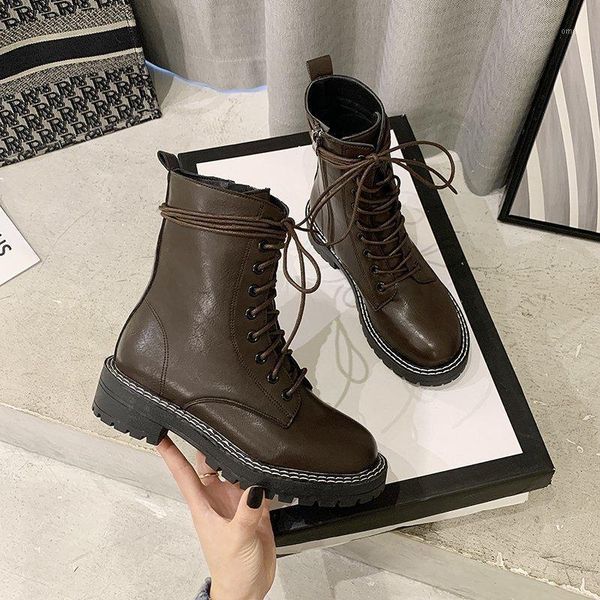 

boots ankle winter autumn shoes black women's leather platform chunky lace up botas mujer large size 35-431