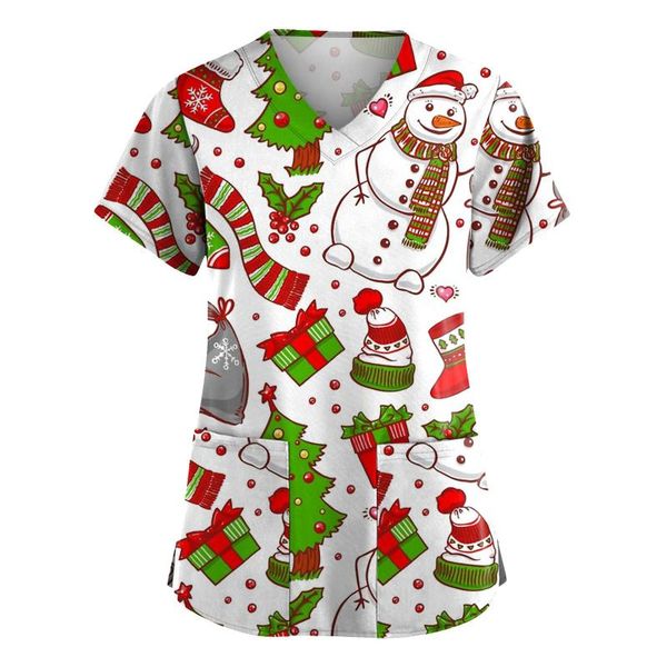 

women's t-shirt women working uniform merry christmas print short sleeve v-neck pullover loose ladies shirt, White