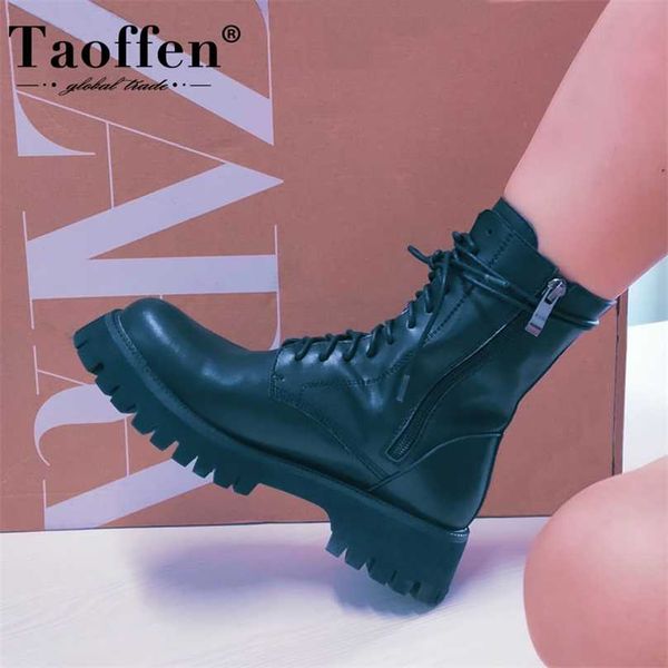 

taoffen women's ankle boots real leather lace up winter shoes fashion cool short footwear size 34-42 211104, Black