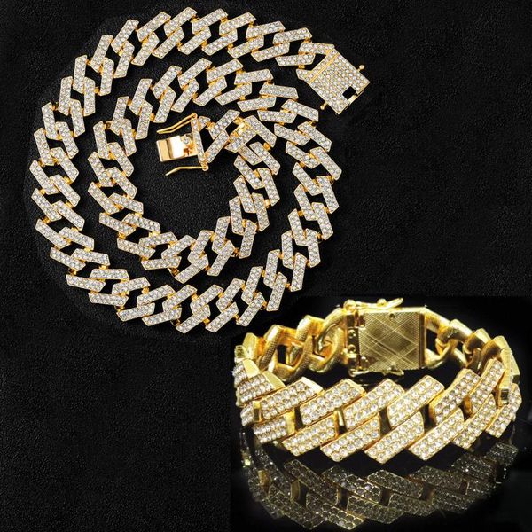 

pendant necklaces 20mm necklace+bracelet hip hop jewelry choker iced out cuban necklace rhinestone cz clasp for mens rapper link, Silver