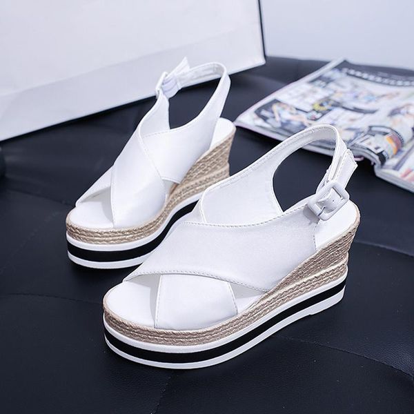 

sandals summer shoes ladies wedge peep toe 2021 platform height increasing leather non slip sole women fashion casual sandal, Black