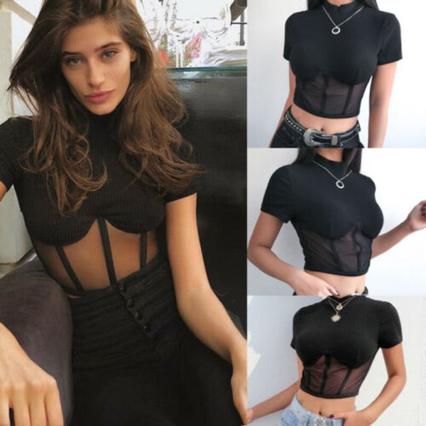 

ladies casual party black mesh t-shirt mouw solid sheer summer slender short, White