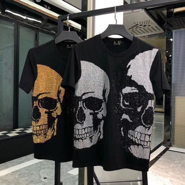 

2021 new mens t shirts man short sleeve fashion rock star two crystal big skull t-shirt male 100% cotton tees jzp2, White;black