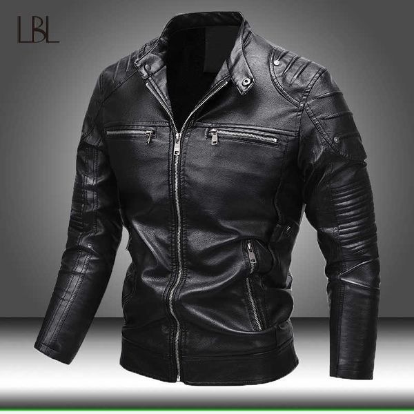 

men vintage style pu faux leather jackets male motorcycle biker winter fleece warm windbreaker men's casual fashionable outwear 211009, Black