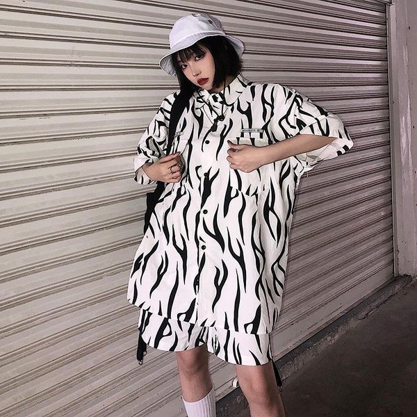 

women's blouses & shirts women fashion summer harajuku zebra print plus size and with straight pants shorts suit, White