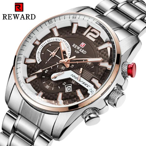 

men's watches reward fashion quartz men watch waterproof chronograph business wristwatch relogio masculino, Slivery;brown