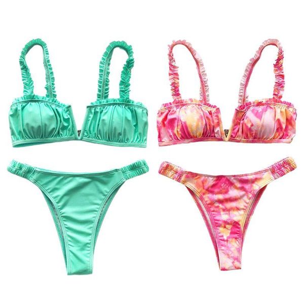 

women bikini set split v-neck ruffles swimsuit gradient ruched bathing suit