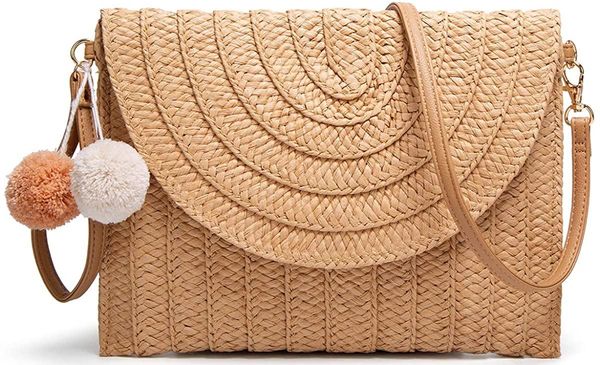 

evening bags straw shoulder bag clutch women woven pompom handmade crossbody summer beach envelope purse