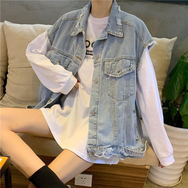 

women's vests 2021 light blue fashion denim outers vest coats women retro female girls trendy swag korean style denims autumn, Black;white