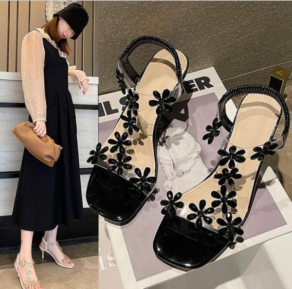 

sandals diamond women's summer crystal thick heel 2021 versatile transparent high with, Black