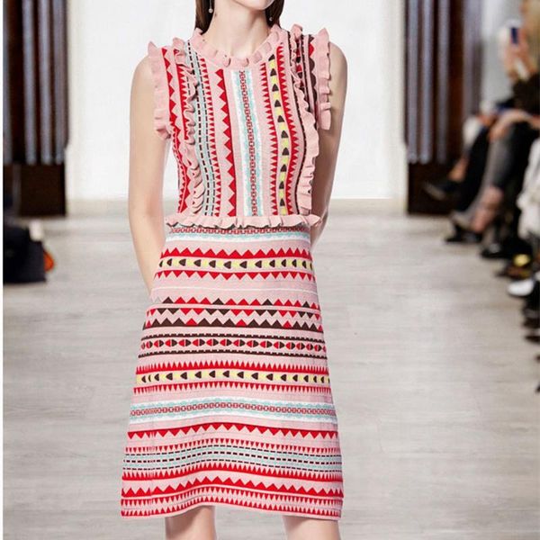 

casual dresses sweet jacquard bright silk rainbow striped knit dress ruffles sleeveless high waist tank pleated a-line party vestido, Black;gray