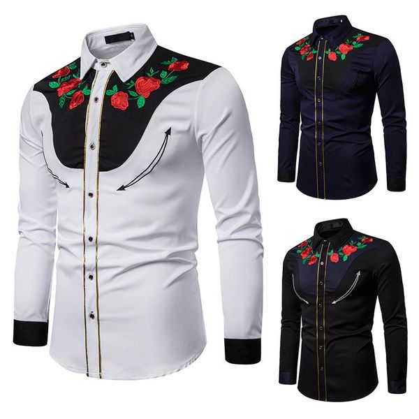 

men's casual shirts 2021 embroidery shirt men embroidered rose western long sleeve button down stylish floral top, White;black
