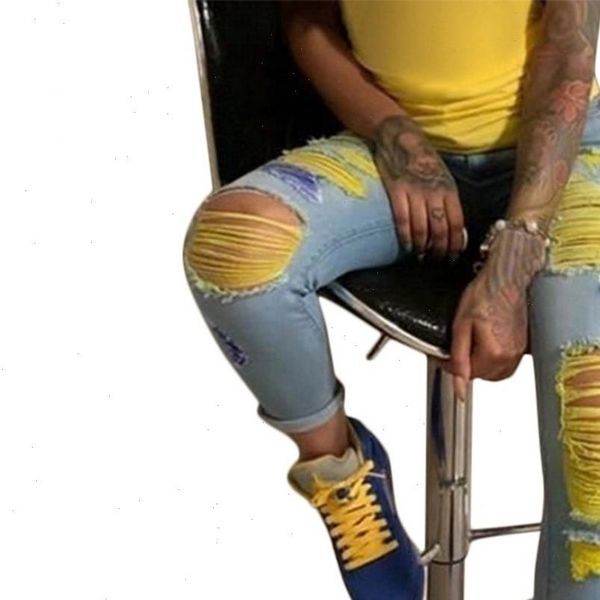 

autumn new women ripped jeans scratch denim trousers high waisted skinny hole pencil pants female jeans, Blue