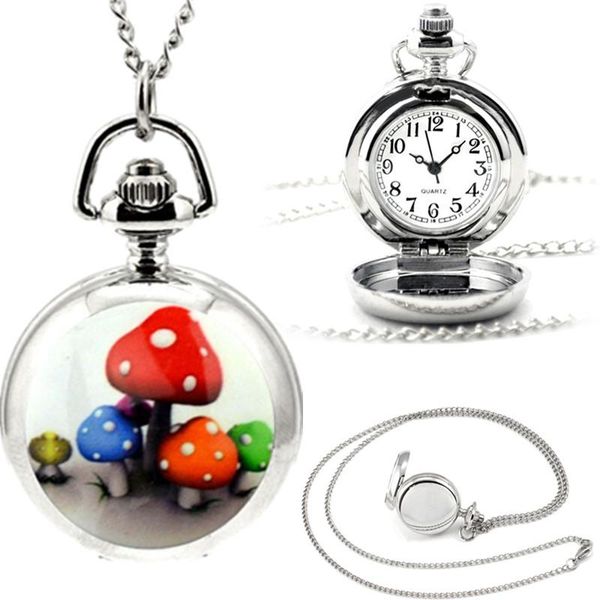 

pocket watches small mushrooms quartz watch chain necklace vintage pendant clock gift fob jewelry accessories, Slivery;golden