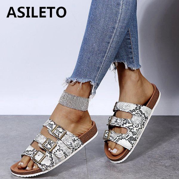 

asileto new 2021 women sandals open toe buckle slip-on cherry snake-skin stylish exotic big size 35-43 casual beach b2395, Black