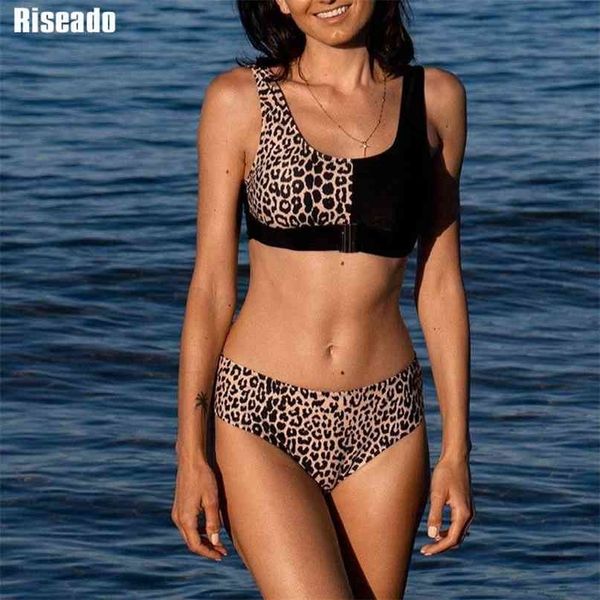 

riseado bikini set leopard swimwear women patchwork swimsuits push up biquini printed bikinis buckle front beach wear 210625, White;black