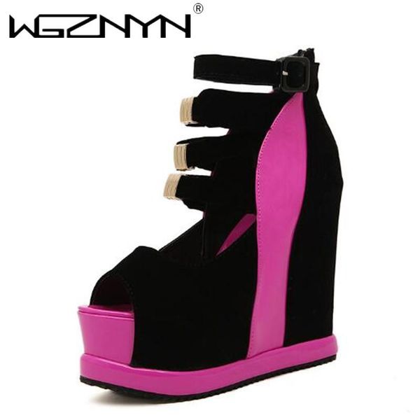 

sandals woman shoes 2021 summer genuine women platform thick soles wedges high heel 14cm peep toe mixed colors sexy, Black
