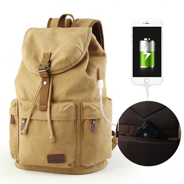 

backpack smart usb lapbag 15 inches retro vintage brown men canvas rucksack bags