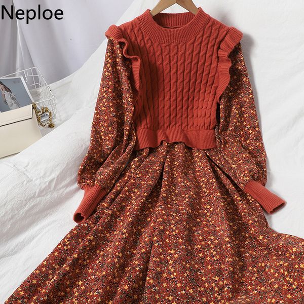 

neploe corduroy floral maxi dress patchwork knitted ruffles ribbed vestidost slim clothes robe vintage high waist dresses women 210302, Black;gray