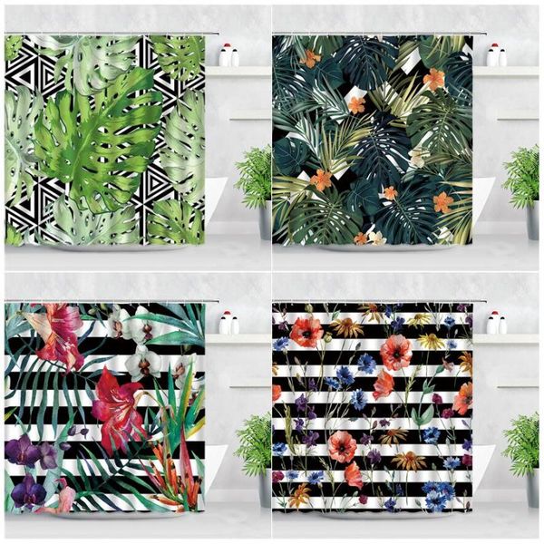 

shower curtains tropical plant curtain set flower palm leaf green leaves black white stripe waterproof bathroom decor cloth bath