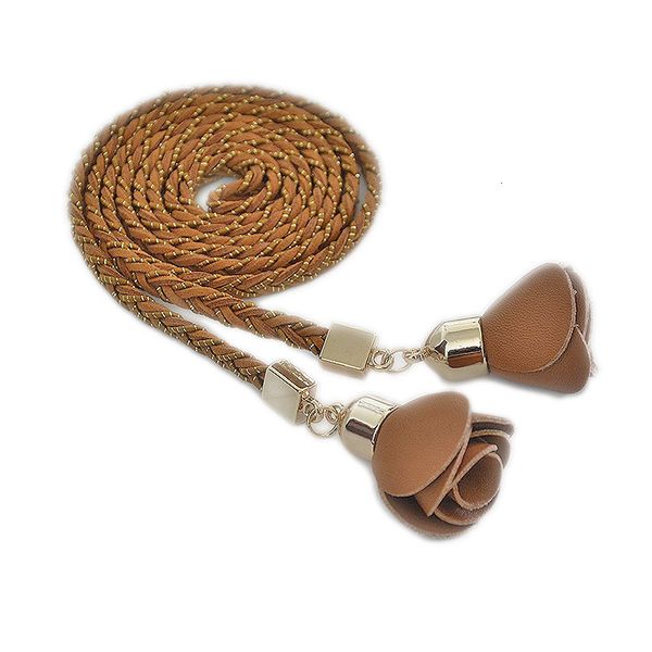 

new spring and summer women's thin waist chain rose pendant gold woven thin belt, Black;brown