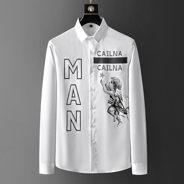 

men's casual shirts fashion shirt angel print letter drill slim long sleeve trend high end personality, White;black