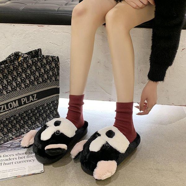 

slippers autumn furry slipper for woman fashion flat cotton home female casual house slides indoor shoes women, Black