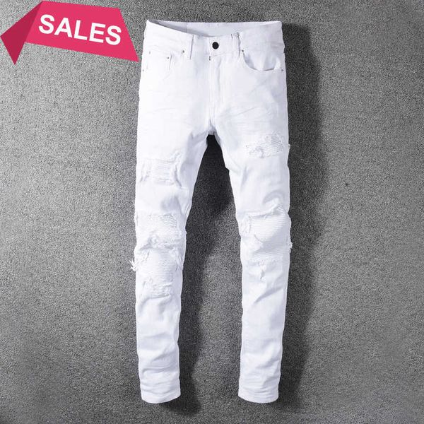 

fashion streetwear white color slim fit destroyed ripped men patchwork designer elastic hip hop jeans pants, Blue