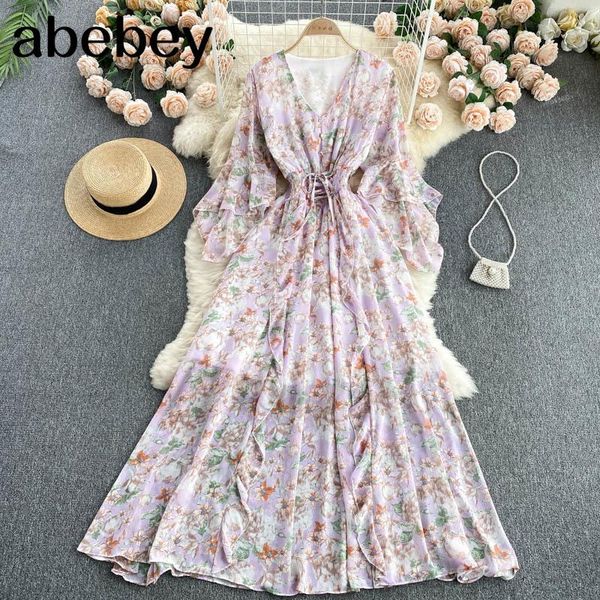 

casual dresses women chiffon floral dress design irregular long sleeve v neck a-line summer bohemian print beach sundress, Black;gray