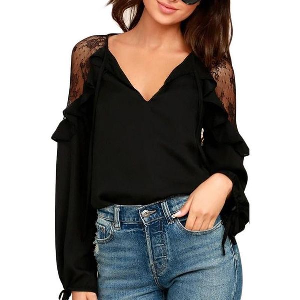 

women's blouses & shirts black lace long sleeve ruffle shoulder blouse nice v neck shirt women causal blusa, White