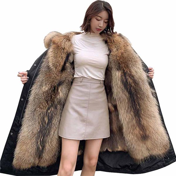 

women's fur & faux winter parka women removable raccoon liner thicken coat big collar hooded outwear plus size long parker kw291, Black