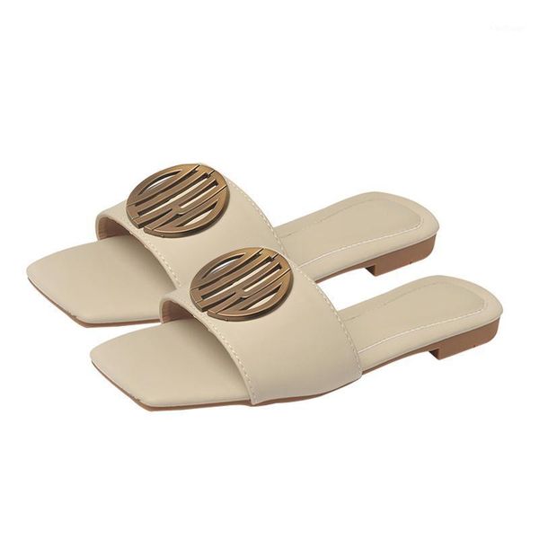 

women summer casuals slipper square toe metal buckle black beige pu flats with comfortable bottom soft lady luxury shoes slippers