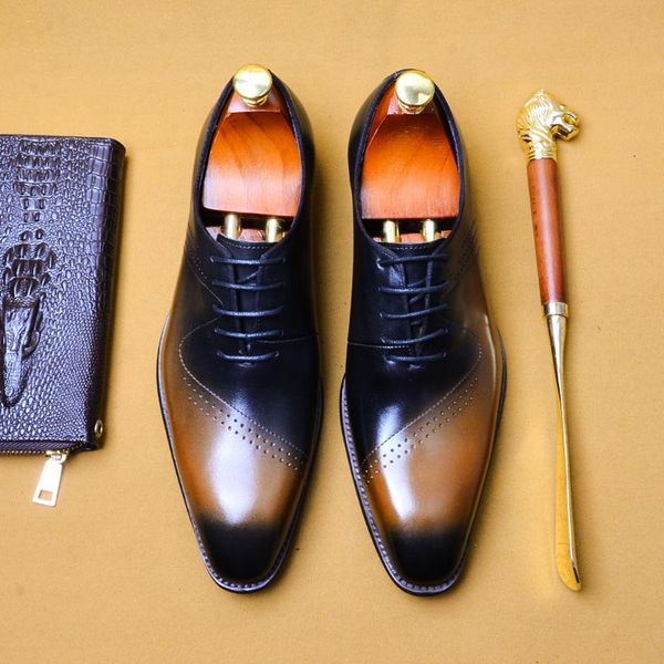 

Fashion High Quality Brogue Lace Up Pointed Toe Mixed Color Genuine Leather Business Oxford Wedding Dress Formal Shoes Men A79, Black