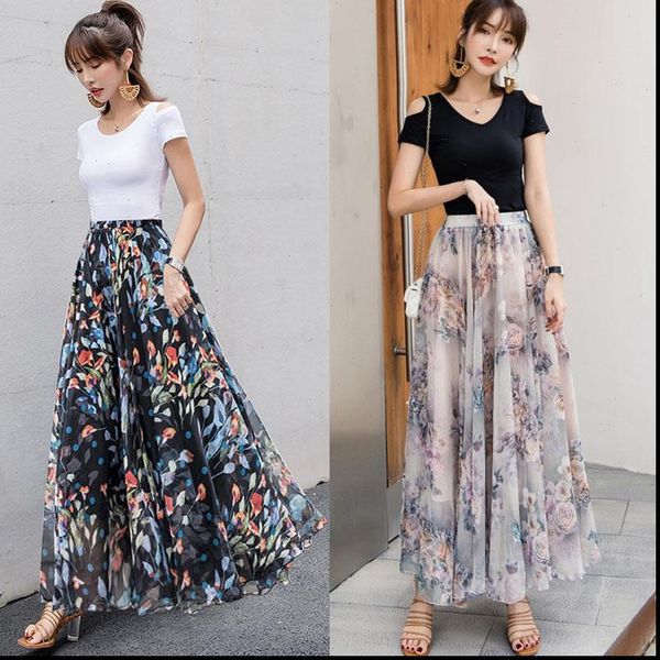 

womens skirts tingyili long skirt boho beach skirt floral print chiffon women skirt drop shipping good quality, Black