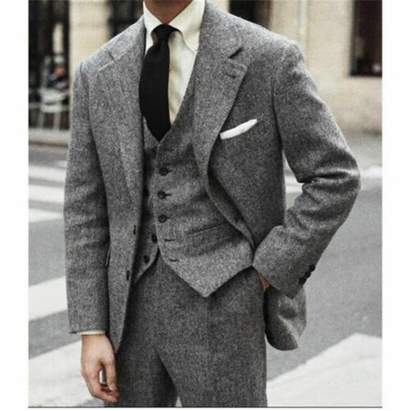 

men's suits & blazers grey herringbone suit wedding groom dinner 3 pieces tuxedo wide notch lapel jacket winter product (jacket+vest+pa, White;black