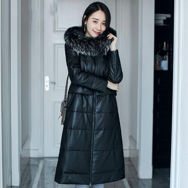 

women's leather & faux jacket women winter sheepskin genuine raccoon fur collar hooded jackets duck down coat chaqueta muje 7090 yy545, Black
