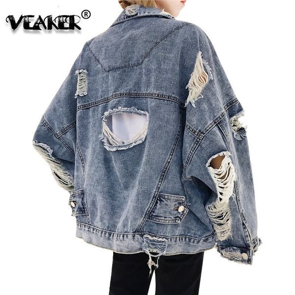 

autumn spring korean women hole denim jacket loose frayed denim bomber jacket where is my mind blue coat female outerwear 201007, Black;brown