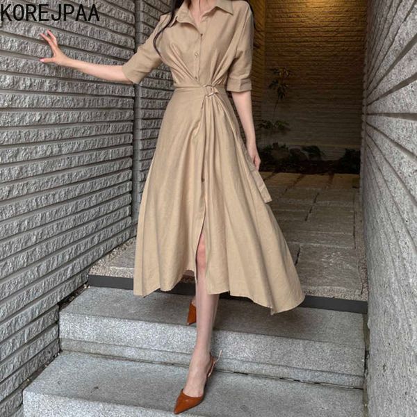 

korejpaa women dress summer korean chic elegant temperament lapel single-breasted buckle belt design loose shirt vestidos 210526, Black;gray